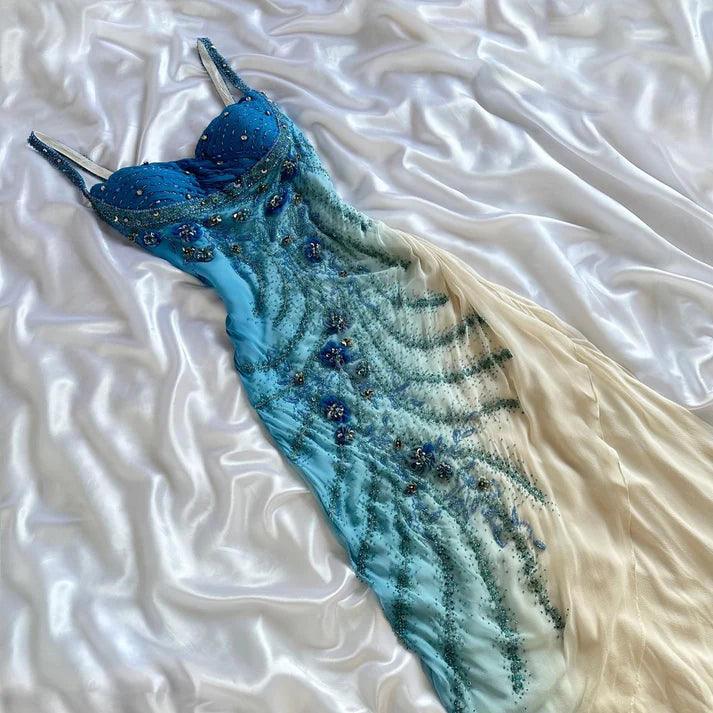 Robe de soirée longue en mousseline de soie, magnifique, élégante, unique, exquise, à fleurs, perles, bleue, nv4903