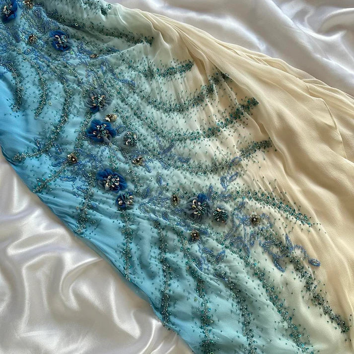 Robe de soirée longue en mousseline de soie, magnifique, élégante, unique, exquise, à fleurs, perles, bleue, nv4903