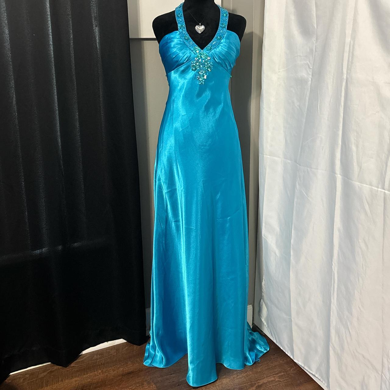 Blaues, langes Satin-Ballkleid mit Perlen, Abendkleid, Partykleid, nv4604