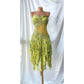 Robe de soirée courte jaune et verte, motif floral, perles, style féerique, en mousseline de soie, tenue de bal, nv5389