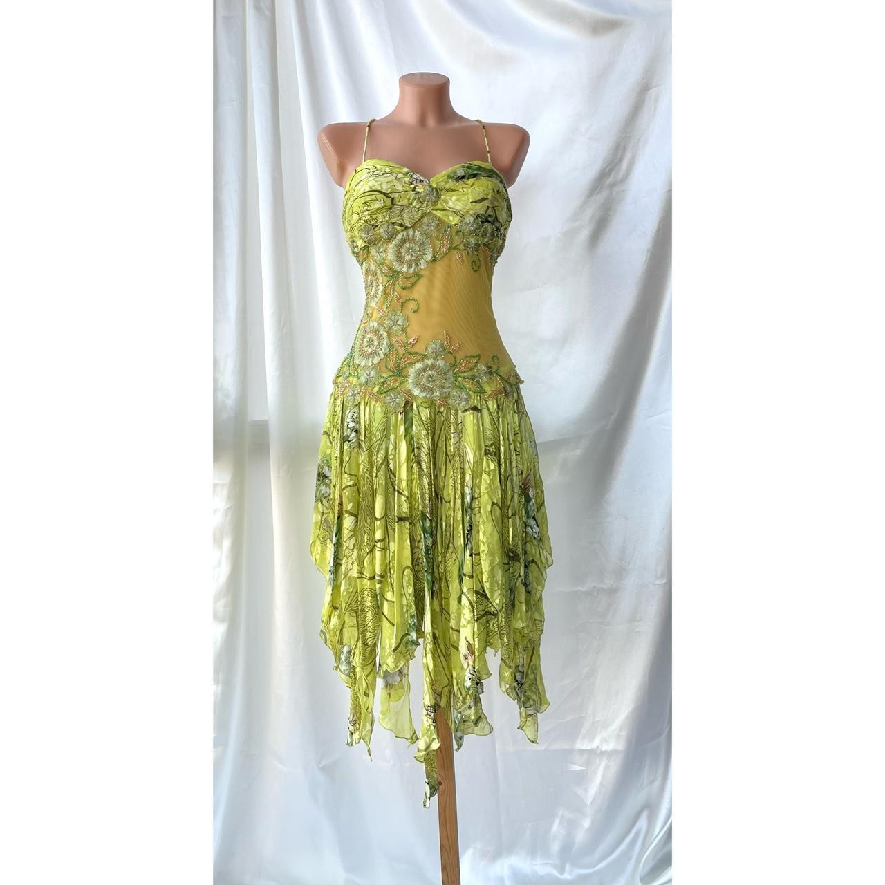 Robe de soirée courte jaune et verte, motif floral, perles, style féerique, en mousseline de soie, tenue de bal, nv5389