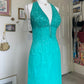 Robe de soirée longue bleue vintage à paillettes et perles, style sirène, col licou, robe de bal, robe de soirée, nv4242