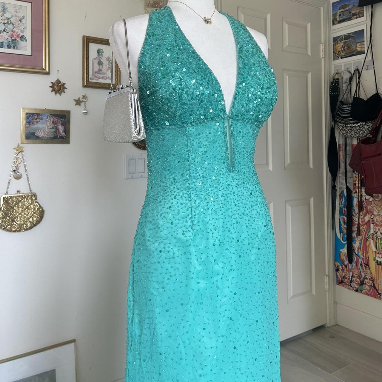 Robe de soirée longue bleue vintage à paillettes et perles, style sirène, col licou, robe de bal, robe de soirée, nv4242