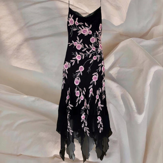 Wunderschönes schwarzes, rosa, mit Blumenmuster und Perlen verziertes, asymmetrisches Midi-Ballkleid, Abendkleid, Partykleid, NV4577