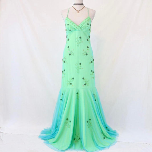 💚Vintage, einzigartiges, langes, grünes, perlenbesetztes Meerjungfrauen-Tüll-Ballkleid, nv4988