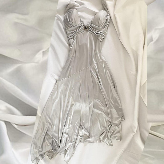 Robe de soirée courte en satin argenté et blanc style rétro, tenue de soirée, d'anniversaire, de bal, nv4540