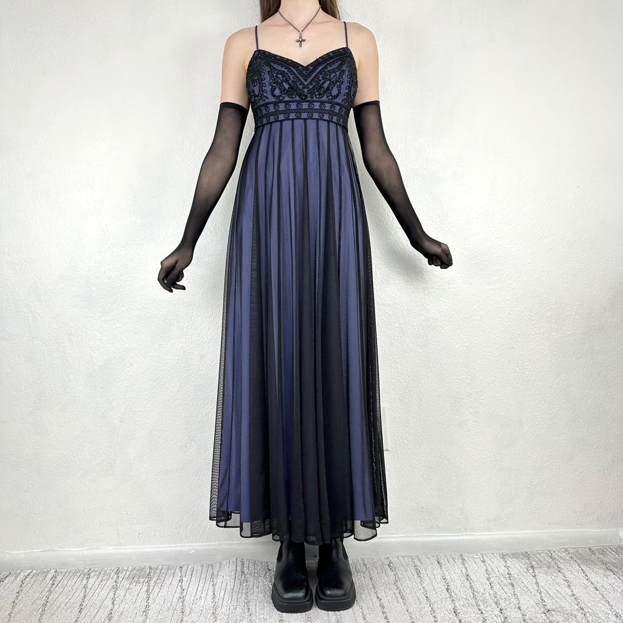 Vintage schwarz-blaues Gothic-Vampir-Perlenstickerei-langes Chiffon-Abendkleid Ballkleid Empire-Kleid NV5404