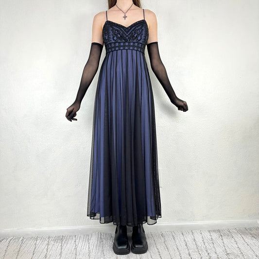 Vintage schwarz-blaues Gothic-Vampir-Perlenstickerei-langes Chiffon-Abendkleid Ballkleid Empire-Kleid NV5404