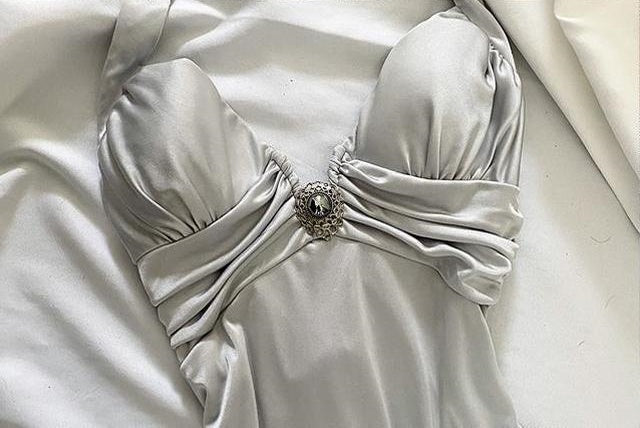Robe de soirée courte en satin argenté et blanc style rétro, tenue de soirée, d'anniversaire, de bal, nv4540