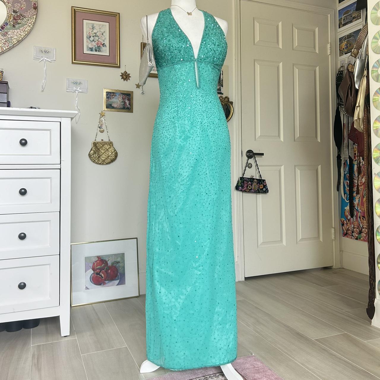 Robe de soirée longue bleue vintage à paillettes et perles, style sirène, col licou, robe de bal, robe de soirée, nv4242