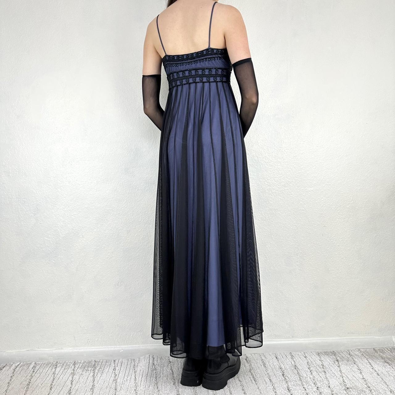 Vintage schwarz-blaues Gothic-Vampir-Perlenstickerei-langes Chiffon-Abendkleid Ballkleid Empire-Kleid NV5404