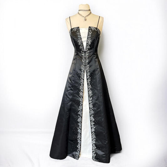 Schwarzes Retro-Feenkleid, exquisites langes Satinkleid mit Perlen, Ballkleid NV5419