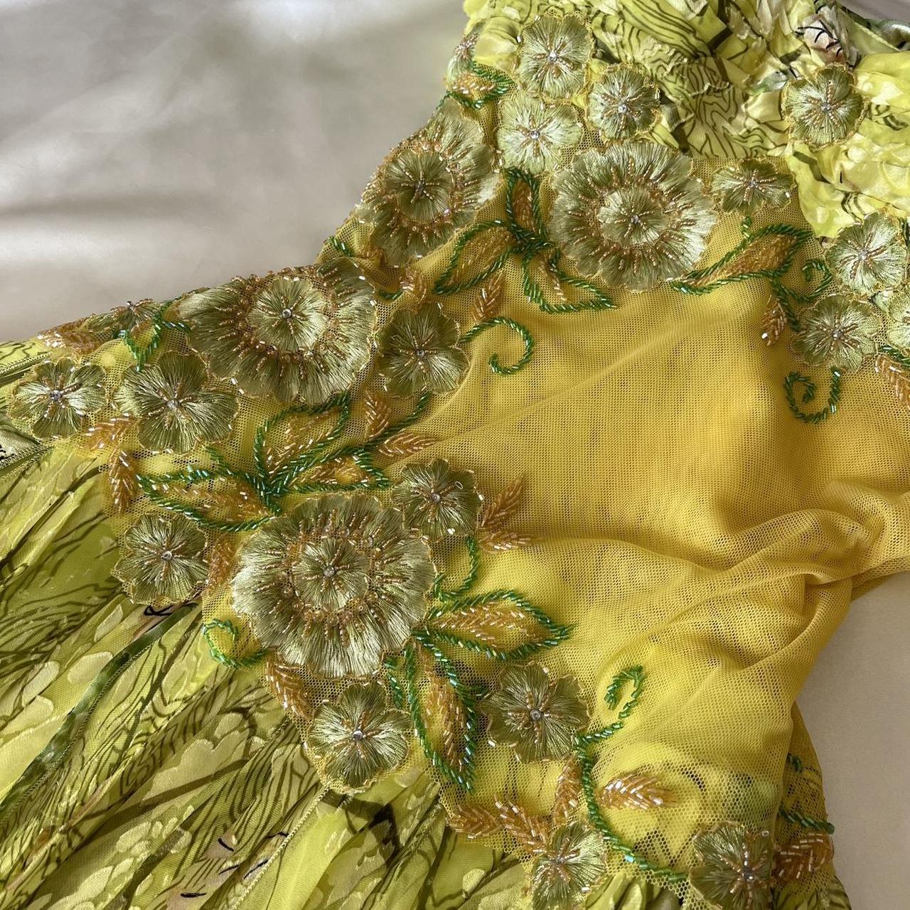 Robe de soirée courte jaune et verte, motif floral, perles, style féerique, en mousseline de soie, tenue de bal, nv5389