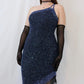 Dunkelblaues, glänzendes, kurzes/mittellanges Pailletten-Heimkehrkleid, Geburtstagspartykleid, NV4977