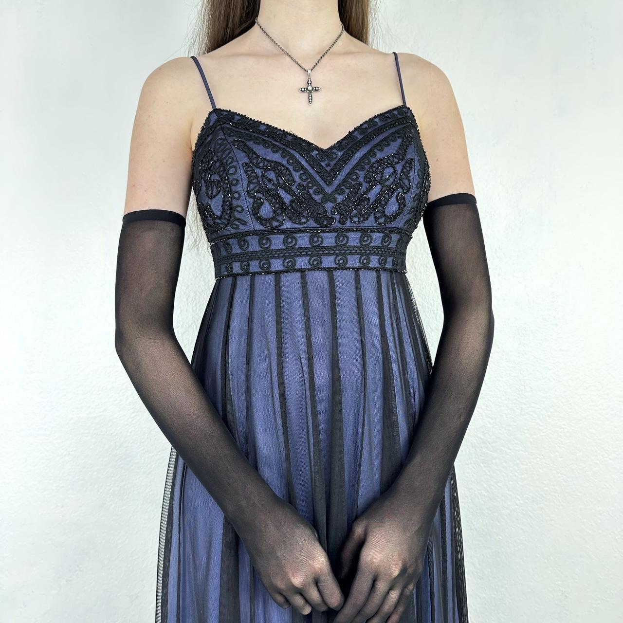 Vintage schwarz-blaues Gothic-Vampir-Perlenstickerei-langes Chiffon-Abendkleid Ballkleid Empire-Kleid NV5404