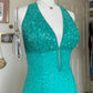 Robe de soirée longue bleue vintage à paillettes et perles, style sirène, col licou, robe de bal, robe de soirée, nv4242