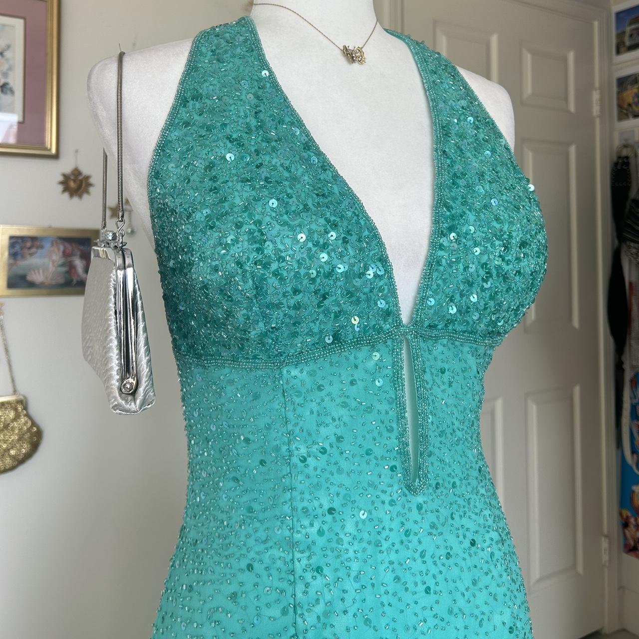 Robe de soirée longue bleue vintage à paillettes et perles, style sirène, col licou, robe de bal, robe de soirée, nv4242