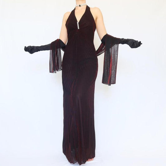 Schwarz-rotes Glitzer-Sexy-Retro-Elegantes exquisites Strass-Neckholder-Sling-Rückenfreies langes Chiffon-Tüll-Feen-Ballkleid-Abendkleid-Geburtstags-Partykleid-Abschlussballkleid nv4003
