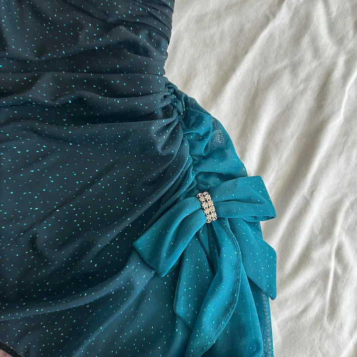Robe de soirée longue en mousseline de soie, élégante, dégradée de turquoise, style rétro, scintillante, fluide, asymétrique, avec strass, robe de bal, robe d'anniversaire, robe de bal, robe de remise de diplôme, nv4251