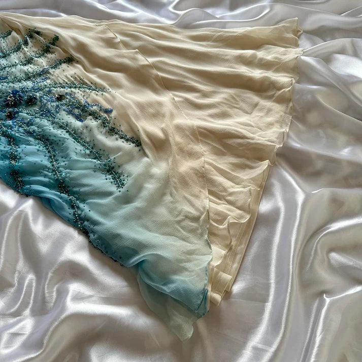 Robe de soirée longue en mousseline de soie, magnifique, élégante, unique, exquise, à fleurs, perles, bleue, nv4903