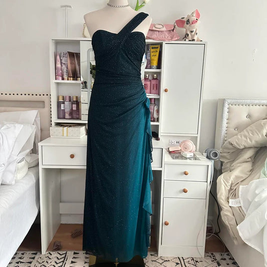 Türkisfarbenes, farbverlaufsfarbenes, retromodisches, funkelndes, atemberaubendes, fließendes One-Shoulder-Kleid mit elegantem, exquisitem Strass, langes Chiffon-Ballkleid, Abendkleid für Geburtstagsfeiern, Abschlussballkleid, Abschlusskleid, nv4251