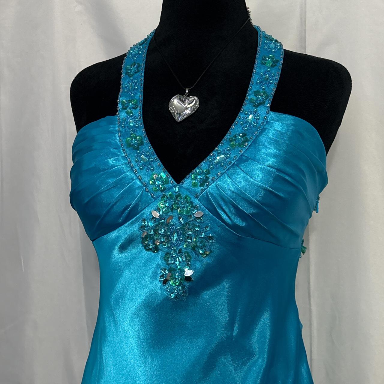 Blaues, langes Satin-Ballkleid mit Perlen, Abendkleid, Partykleid, nv4604