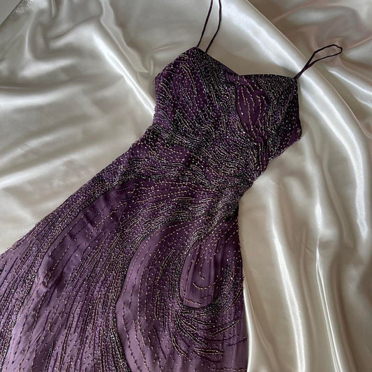 ✨💞Magnifique et élégante robe rétro dégradée violette perlée à la main charmante robe de bal longue en mousseline de soie princesse nv5379