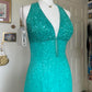 Robe de soirée longue bleue vintage à paillettes et perles, style sirène, col licou, robe de bal, robe de soirée, nv4242