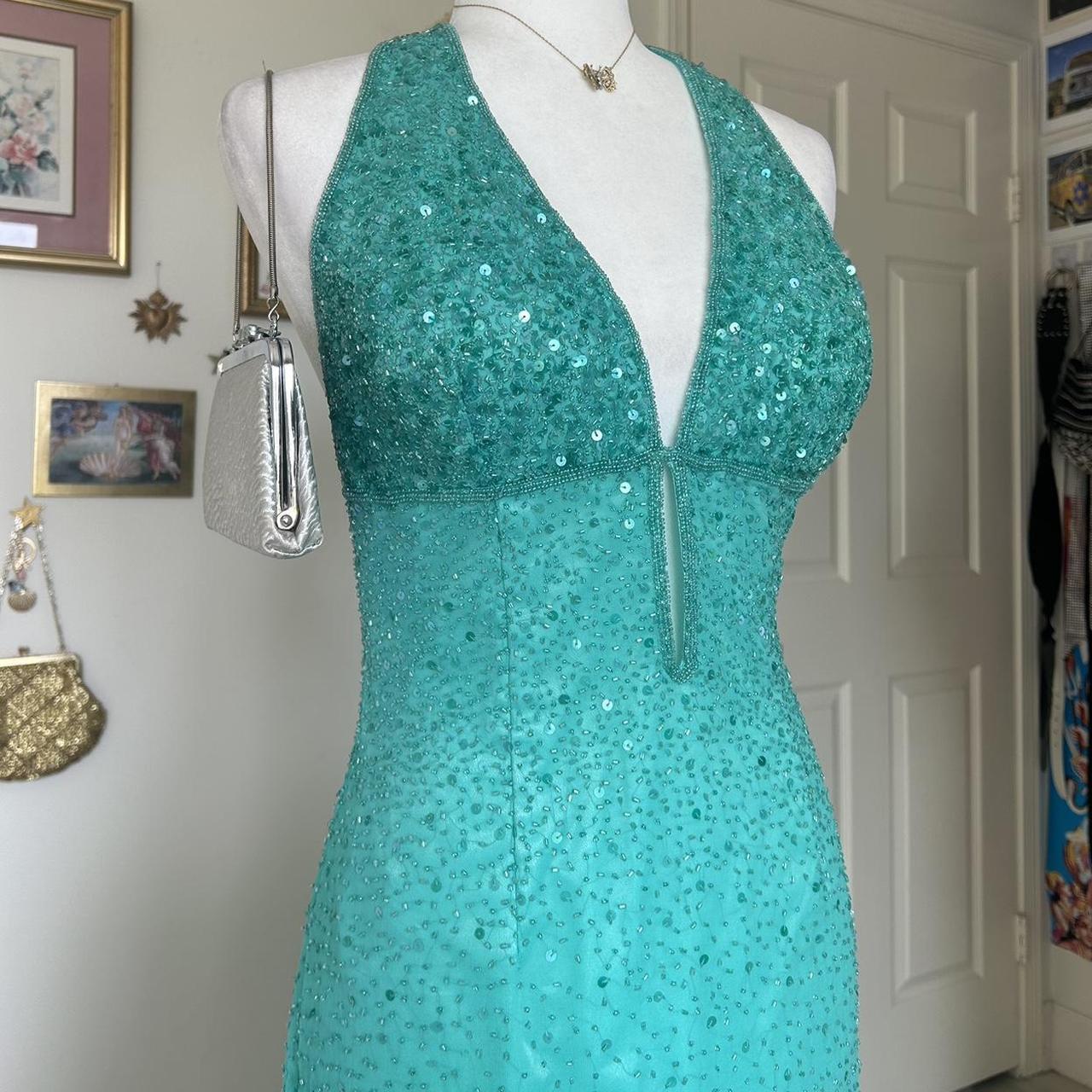 Robe de soirée longue bleue vintage à paillettes et perles, style sirène, col licou, robe de bal, robe de soirée, nv4242
