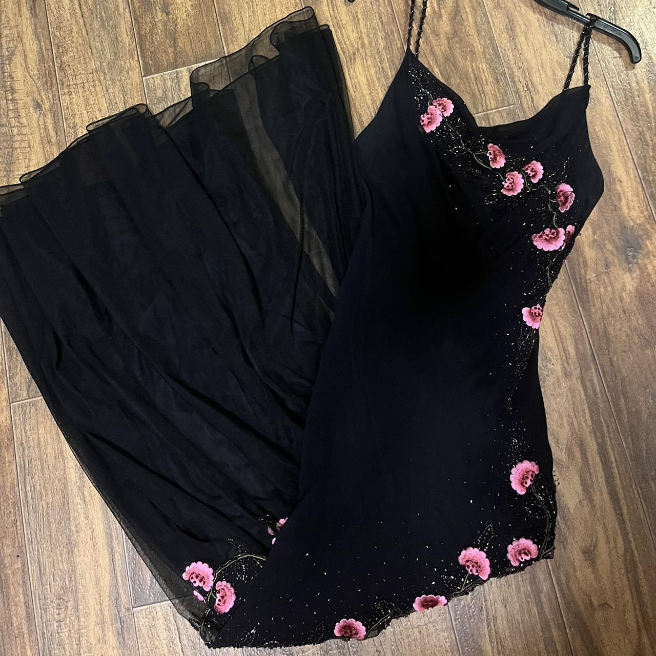 Robe de soirée longue en mousseline de soie pour femme, élégante et raffinée, avec broderies roses et perles, bretelles spaghetti, nv3747