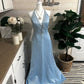Hellblaues, atemberaubendes Cinderella-Kleid mit Pailletten und Perlen, funkelndem V-Ausschnitt, langes Satin-Ballkleid, Abendkleid, Partykleid, NV4253