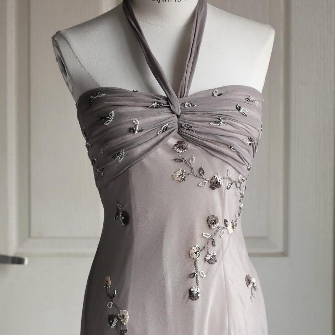 🧚🏼‍♂️Robe de soirée vintage gris chaud Y2K, style bohème, florale, brodée de perles, dos nu, robe de bal, robe de soirée, robe d'invité de mariage, nv4405