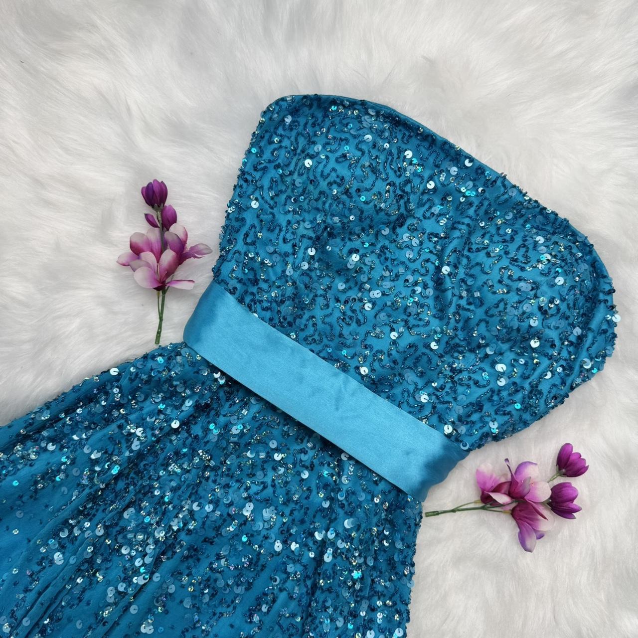 Blaues, exquisites, perlenbesetztes, kurzes Chiffon-Heimkehrkleid, Geburtstagspartykleid, NV5332