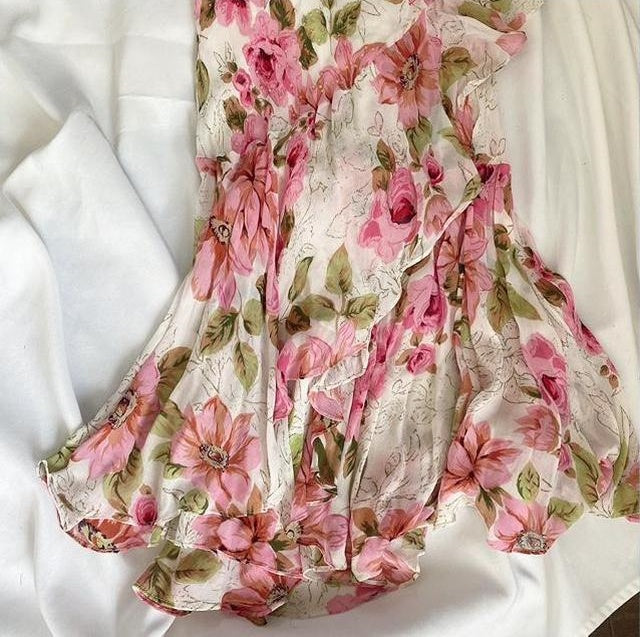 Robe de soirée longue en mousseline de soie rose à fleurs, élégante, robe de bal, nv4599