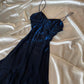 Robe de bal longue en mousseline de soie bleu marine à bretelles spaghetti brillantes, robe de soirée d'anniversaire, robe de soirée nv5388