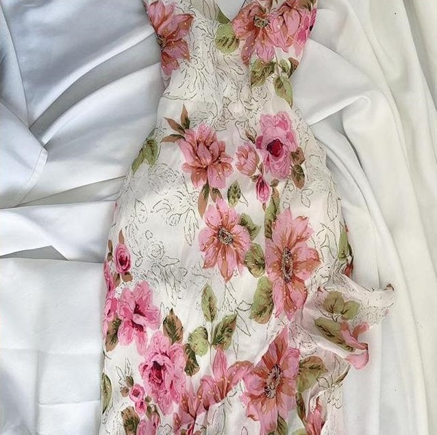 Robe de soirée longue en mousseline de soie rose à fleurs, élégante, robe de bal, nv4599