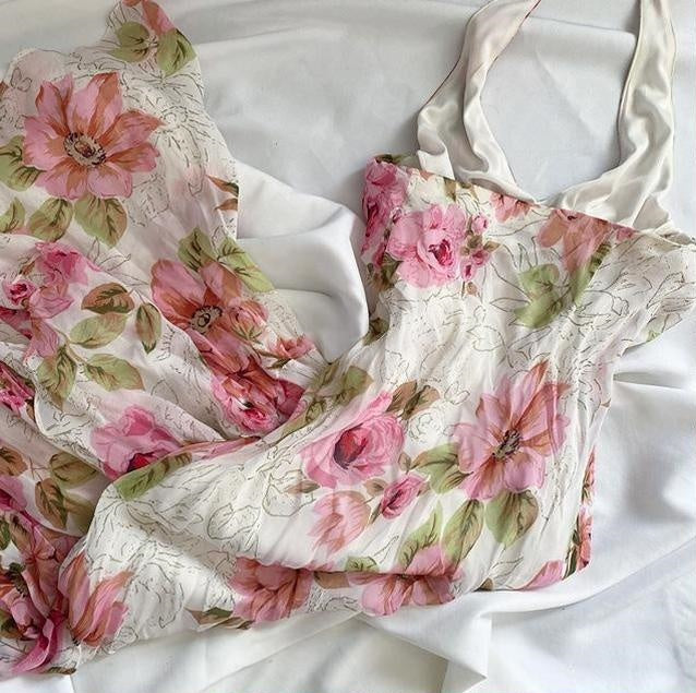 Robe de soirée longue en mousseline de soie rose à fleurs, élégante, robe de bal, nv4599