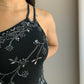 Robe de soirée longue en mousseline de soie, asymétrique épaule dénudée, perles exquises, marron/noir, nv3661