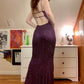Robe de soirée longue à paillettes et bretelles spaghetti, élégante et brillante, violette, nv3640