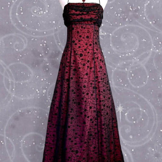 Robe longue à fleurs bordeaux rouge vintage en tulle pour femme NV5644