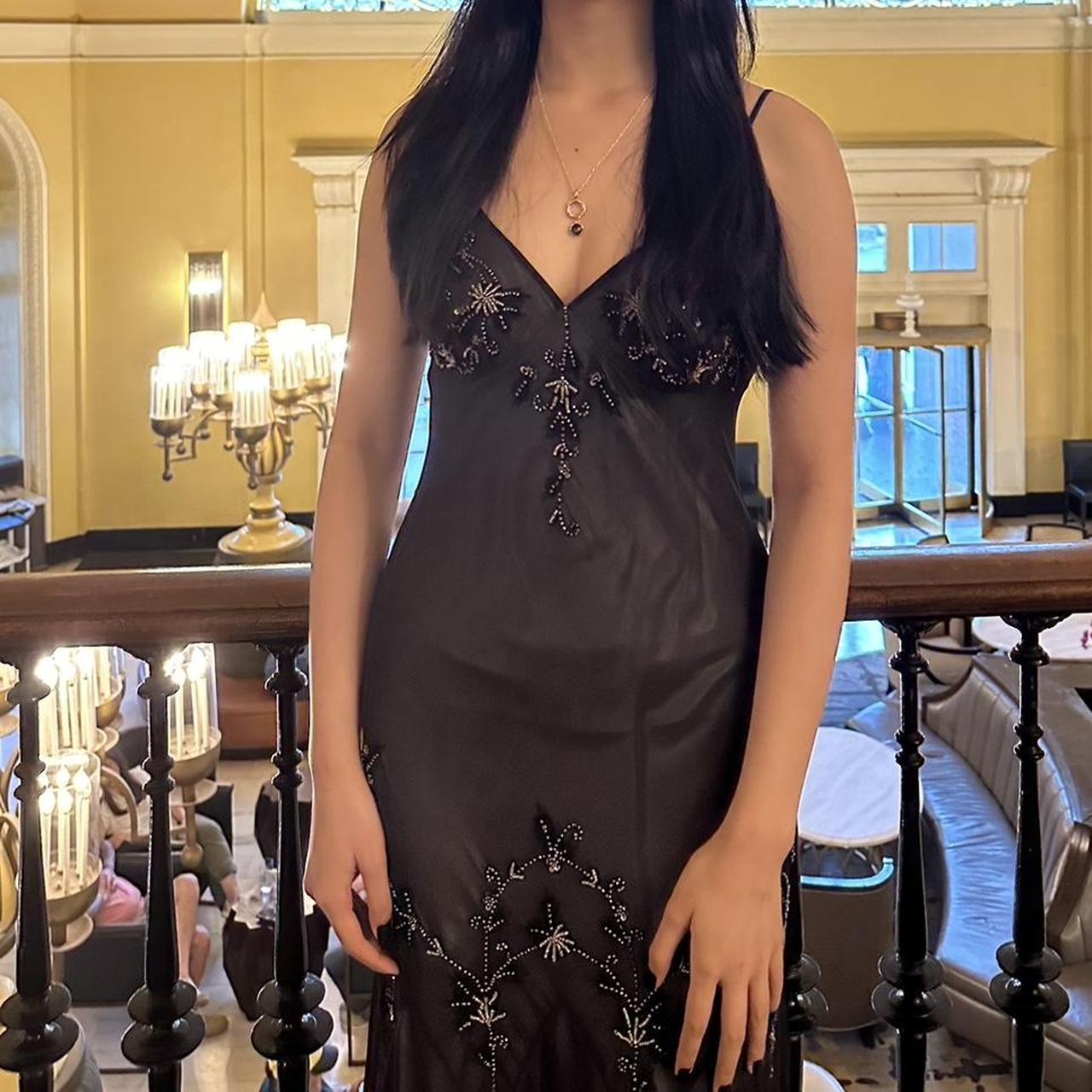 Robe de soirée longue en mousseline de soie marron et noire, exquise, à bretelles spaghetti perlées, pour femme, robe de bal, robe de soirée nv3744