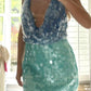 Robe de cocktail courte à paillettes bleu vert brillant nv5342