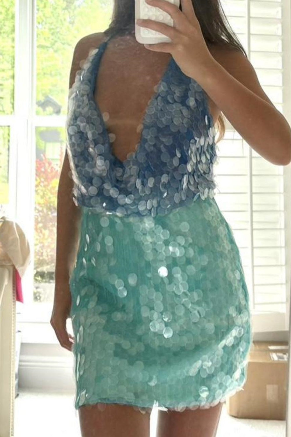 Robe de cocktail courte à paillettes bleu vert brillant nv5342