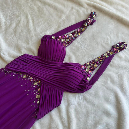 Lila Perlenbesetztes langes Satin-Ballkleid, Abendkleid, Partykleid, Hochzeitsgastkleid, nv4483