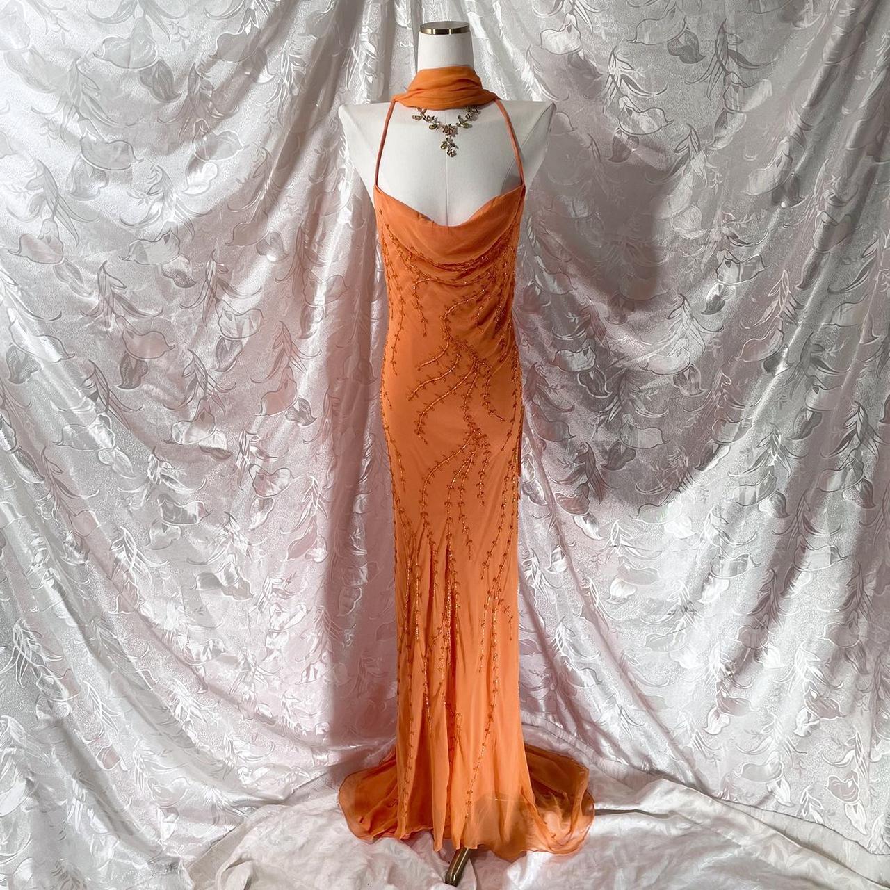 Orangefarbenes, exquisites, perlenbesetztes Spaghettiträger-Lang-Chiffon-Feenkleid, Ballkleid NV5413