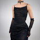 Robe de soirée longue et élégante en mousseline de soie, noire, brillante, vintage, à la mode, exquise, à bretelles spaghetti, à volants, robe de bal, robe de soirée, robe de bal nv3756