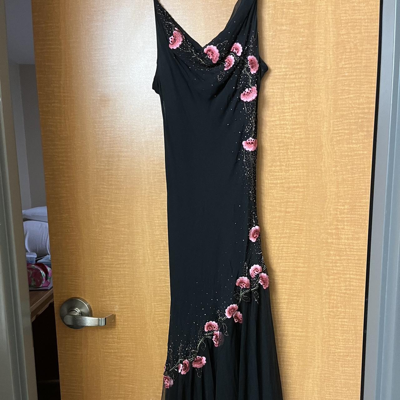 Robe de soirée longue en mousseline de soie pour femme, élégante et raffinée, avec broderies roses et perles, bretelles spaghetti, nv3747