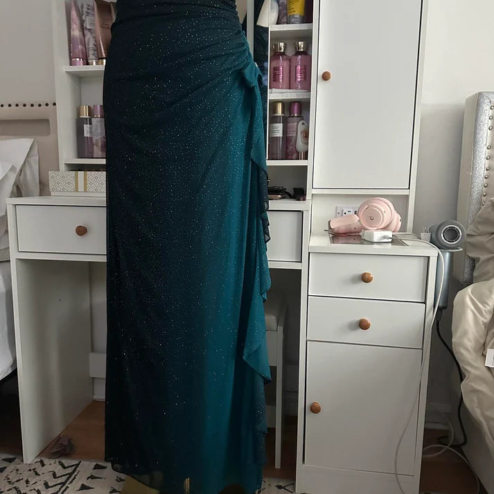 Robe de soirée longue en mousseline de soie, élégante, dégradée de turquoise, style rétro, scintillante, fluide, asymétrique, avec strass, robe de bal, robe d'anniversaire, robe de bal, robe de remise de diplôme, nv4251