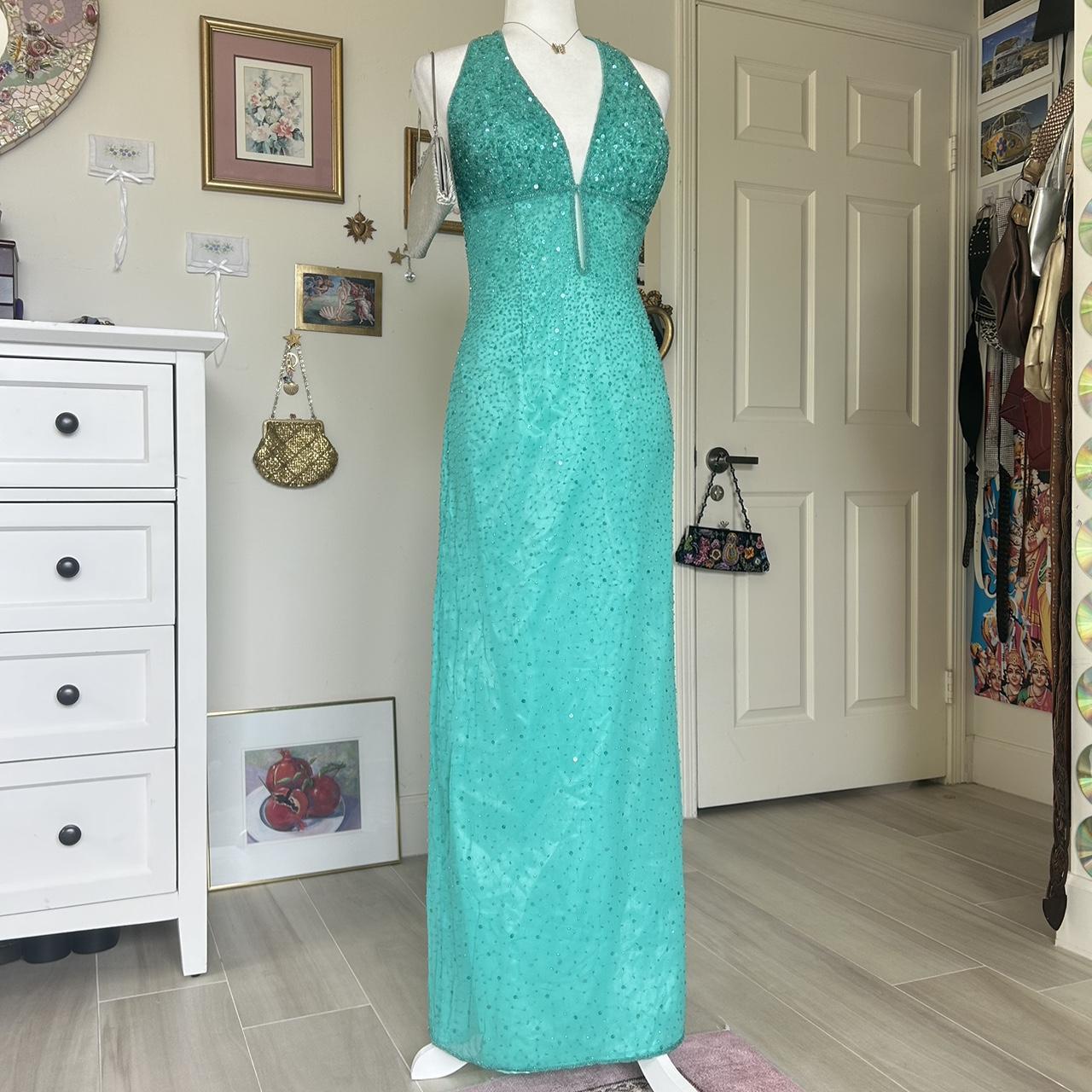 Robe de soirée longue bleue vintage à paillettes et perles, style sirène, col licou, robe de bal, robe de soirée, nv4242