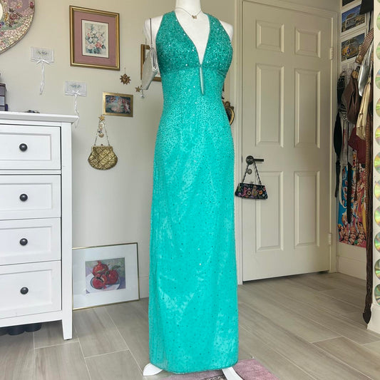 Blaues Vintage-Nixenkleid mit Perlen und Pailletten im Neckholder-Stil, langes Ballkleid, Abendkleid, Partykleid, NV4242